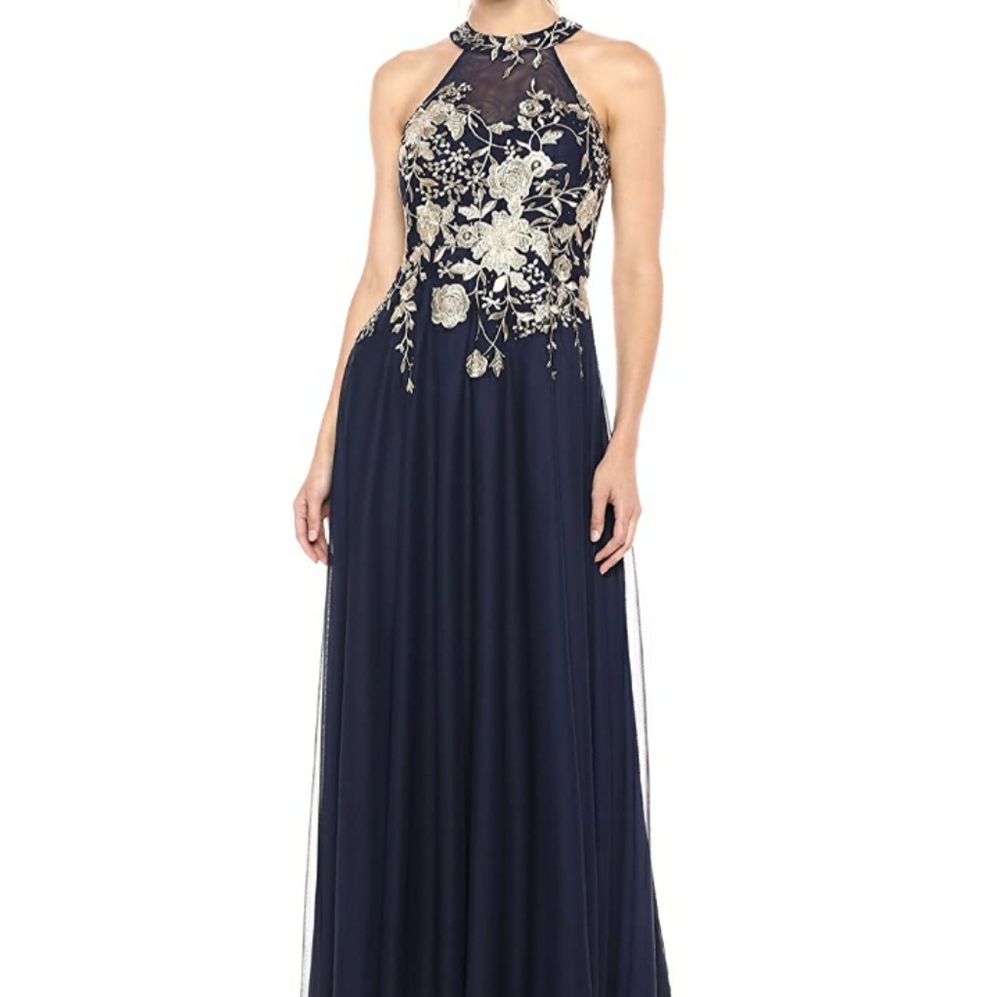 GORGEOUS CACHET FLORAL EMBROIDERED HALTER NECK DRESS. SIZE 10.